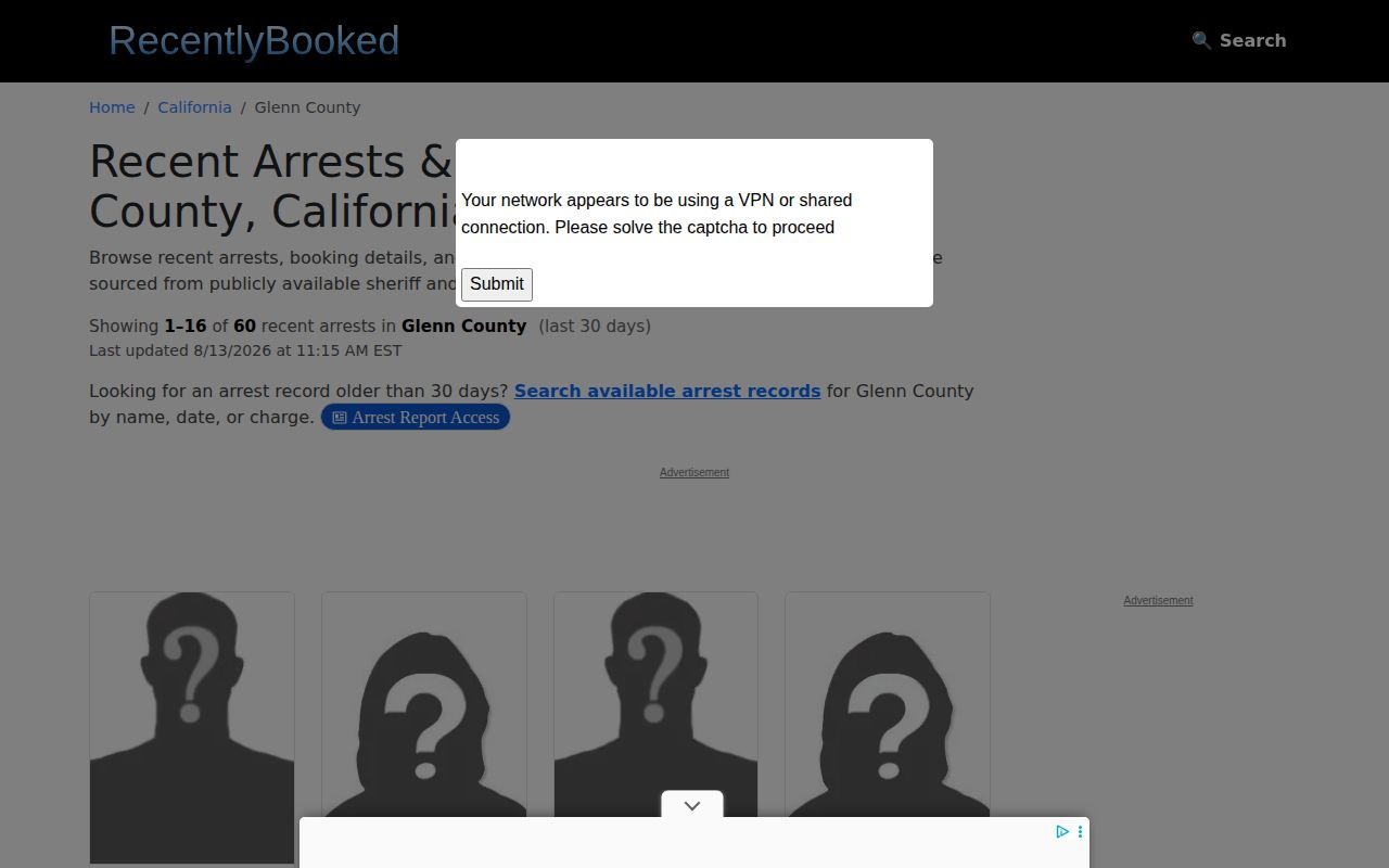 Unofficial RecentlyBooked Glenn County arrest news section