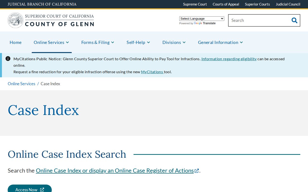 Glenn County warrant and court case index interface
