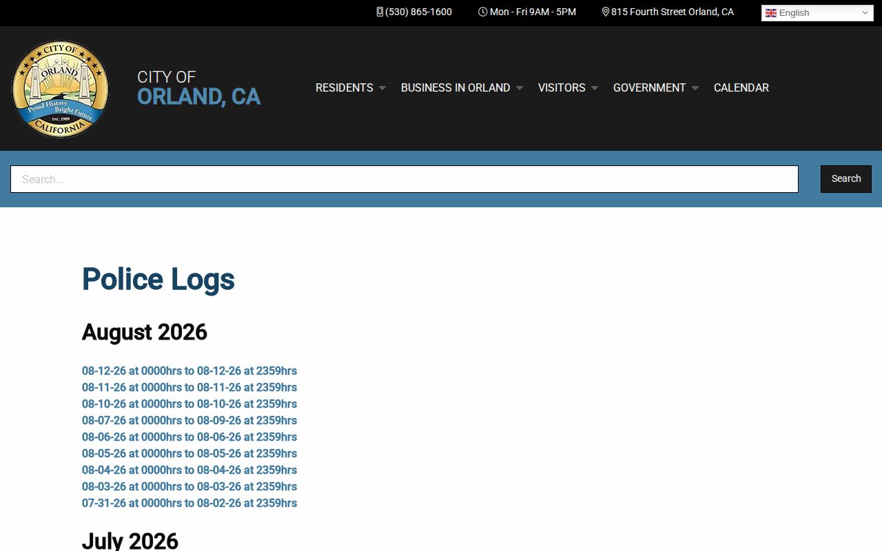 Orland Police Department arrest and media log archive in Glenn County